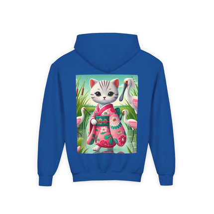 Geisha Kitten Strolls Among the Spoonbills Youth Hooded Sweatshirt – Graceful Nature & Whimsical Charm
