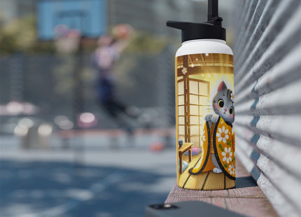 Playful Kitten in the Tea Room Stainless Steel Water Bottle, Standard Lid