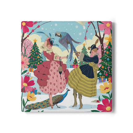 🦜🎄 The Christmas Parrot Promenade Ceramic Coaster – Art Deco Holiday Fantasy