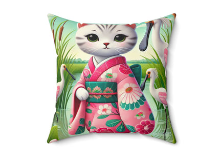 Geisha Kitten Strolls Among the Spoonbills Spun Polyester Square Pillow