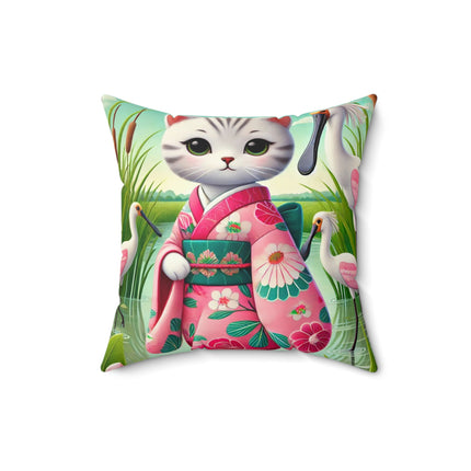 Geisha Kitten Strolls Among the Spoonbills Spun Polyester Square Pillow