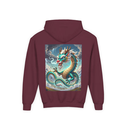 Tibetan Dragon in Battle Youth Hooded Sweatshirt – Power, Motion & Mythic Energy