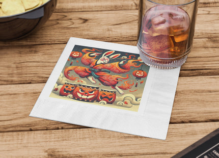 Jack-O’-Lantern Drums & The Kabuki Rabbit White Coined Napkins