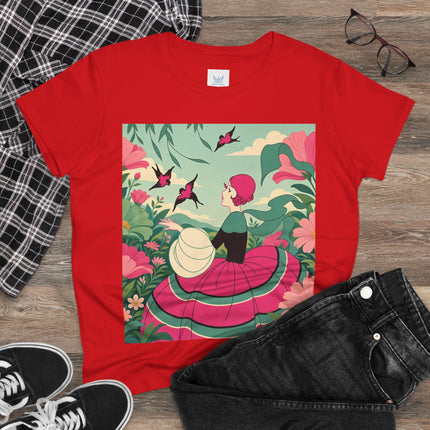 🐦🌺 The Garden Of Flying Birds Cotton Tee – Art Deco Floral Whimsy