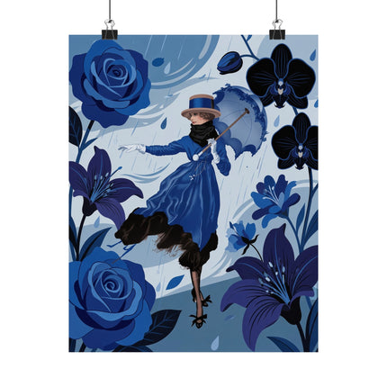 ☔💙 The Lady Of The Blue Rain Matte Vertical Poster – Art Deco Floral Whimsy