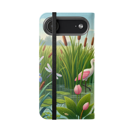 🦩🌸 Geisha Kitten Strolls Among the Spoonbills Flip Case – Serene Grace & Marshland Wonder
