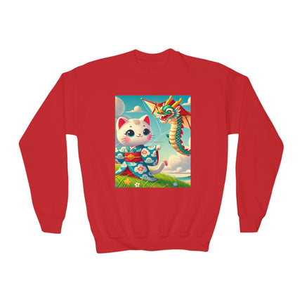 Geisha Kitten and the Dragon Kite Youth Crewneck Sweatshirt – Freedom, Motion & Playful Spirit