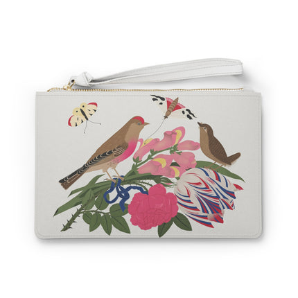 Pink-Breasted Bird & Wren Clutch Bag – Elegant Joy & Springtime Charm