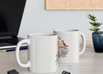 Pair of Brown Birds on Bouquet with Tulip, Rose, Snapdragons, and Butterflies by Anonymous Ceramic Mug 11oz