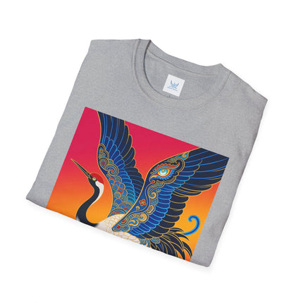 🪽🌅 The Celestial Crane Softstyle T-Shirt – Art Deco Wings Of Elegance