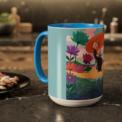 The Lady Of The Coral Parasol Colorful Mugs – Art Deco Coastal Elegance