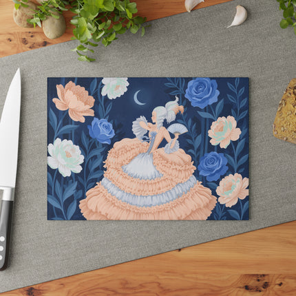 🌙🌹 The Lady Of The Moonlit Blue Rose Garden Glass Cutting Board – Art Deco Floral Elegance