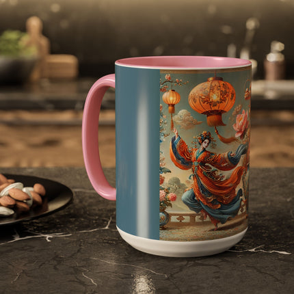 Golden Dragon & Lantern Lady Colorful Mug – Imperial Dragon & Elegant Harmony