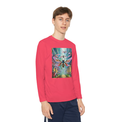 Neon Swarm Youth Long Sleeve Competitor Tee – Cyberpunk Flight & Futuristic Energy