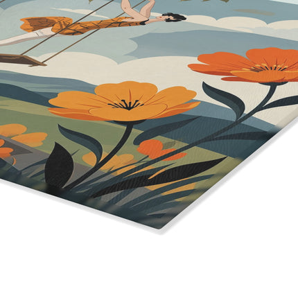 🌳🧡 The Ladies Of The Autumn Swing Glass Cutting Board – Art Deco Woodland Whimsy