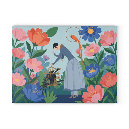 🌺🦜 The Lady Of The Enchanted Aviary Glass Cutting Board – Art Deco Floral Garden