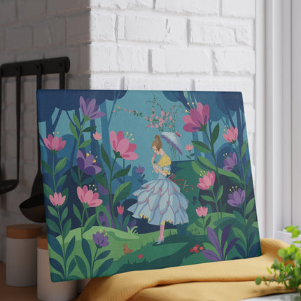 🌸🐇 The Lady Of The Secret Flower Wood Glass Cutting Board – Art Deco Enchanted Garden Fantasy