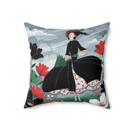 🌧️🌺 The Stormy Flower Walk Square Pillow – Art Deco Floral Fashion