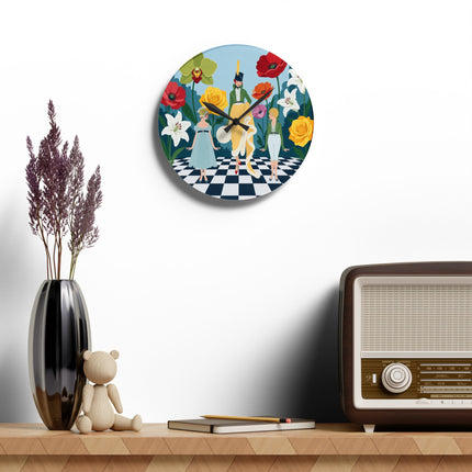 🌺🎩 The Lady And Children Of The Grand Flower Garden Acrylic Wall Clock – Art Deco Fashion Whimsy