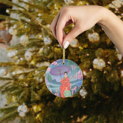 🌸☂️ The Lady Of The Cherry Blossoms Glass Ornament – Art Deco Spring Elegance