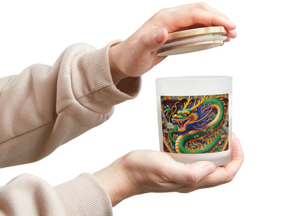 Tibetan Dragon Above Kabuki Stage Frosted Glass Candle, 11oz