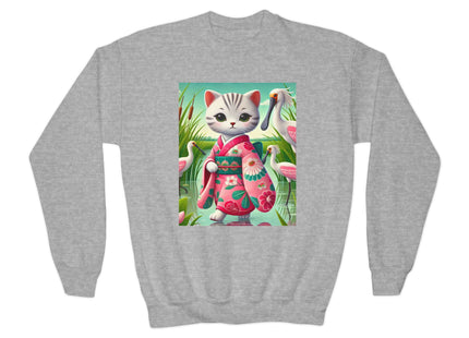 Geisha Kitten Strolls Among the Spoonbills Youth Crewneck Sweatshirt