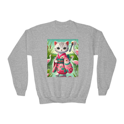 Geisha Kitten Strolls Among the Spoonbills Youth Crewneck Sweatshirt – Grace, Nature & Whimsical Elegance