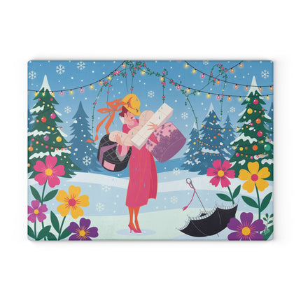 🎁🎄 The Christmas Gift Garden Glass Cutting Board – Whimsical Holiday Fantasy