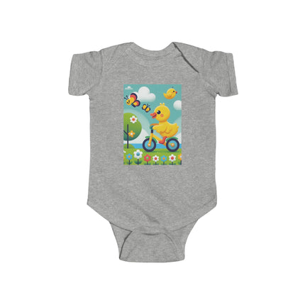 Duckling Riding a Bike Baby Bodysuit – Whimsical Duck Garden Adventure Design