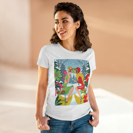 ☕❄️ Christmas Tea In The Snow Garden Cotton Tee – Art Deco Holiday Friendship