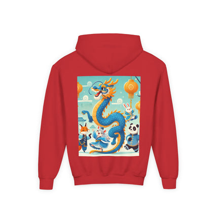 Blue & Gold Dragon Festival Parade Youth Hooded Sweatshirt – Joyful Celebration & Cultural Magic