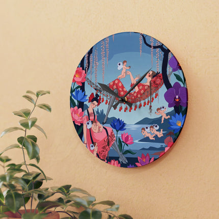 🌸🪽 The Garden Of Little Cupids Acrylic Wall Clock – Art Deco Floral Fantasy