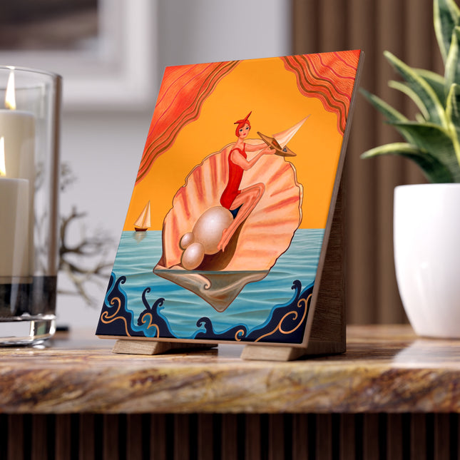 ⛵🦪 The Pearl Shell Sailor Ceramic Tile – Art Deco Seaside Fantasy