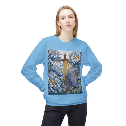 💙✨ The Lady Of The Gilded Blue Blossom Garden Midweight Crewneck Sweatshirt – Art Deco Floral Elegance