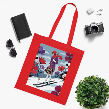 🎿🌺 The Winter Flower Skier Cotton Tote Bag – Art Deco Winter Fantasy