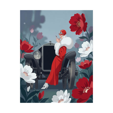 ❤️🚘 The Lady Of The Red Roadster Matte Vertical Poster – Art Deco Motoring Elegance