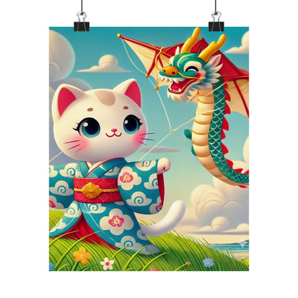 🪁🐉 Geisha Kitten and the Dragon Kite Matte Vertical Poster – Joyful Flight & Dragon Spirit