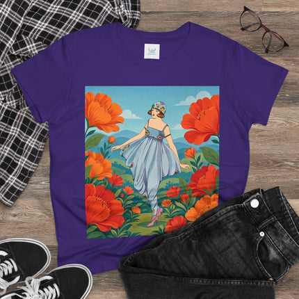 🌺🩵 The Poppy Hill Promenade Cotton Tee – Art Deco Fashion Whimsy