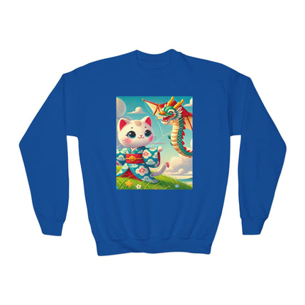 Geisha Kitten and the Dragon Kite Youth Crewneck Sweatshirt – Freedom, Motion & Playful Spirit