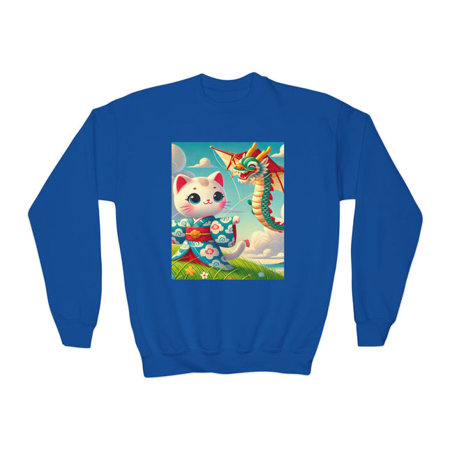 Geisha Kitten and the Dragon Kite Youth Crewneck Sweatshirt – Freedom, Motion & Playful Spirit