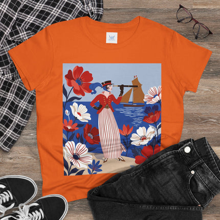 ⚓🌺 The Seaside Flower Adventurer Cotton Tee – Art Deco Nautical Fashion
