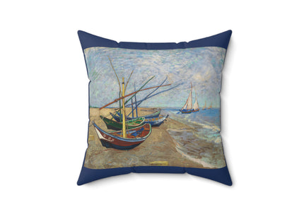 Fishing Boats on the Beach at Saintes-Maries by Vincent Van Gogh Spun Polyester Square Pillow