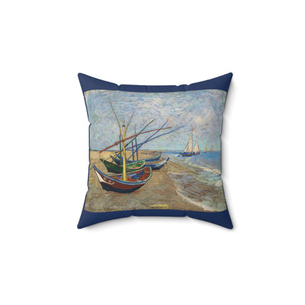 Fishing Boats on the Beach at Saintes-Maries by Vincent Van Gogh Spun Polyester Square Pillow