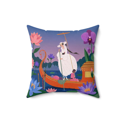 🪷🛶 The Lady Of The Lotus Lake Square Pillow – Art Deco Garden Voyage