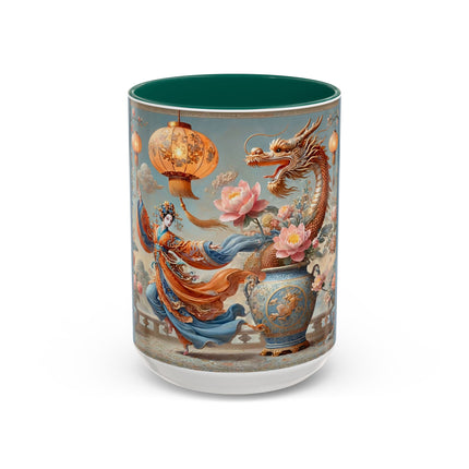Golden Dragon & Lantern Lady Colorful Mug – Imperial Dragon & Elegant Harmony