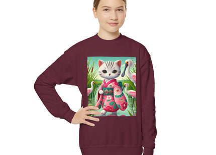 Geisha Kitten Strolls Among the Spoonbills Youth Crewneck Sweatshirt