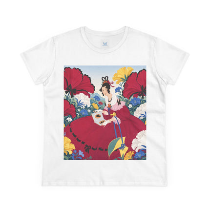 ❤️🌺 The Scarlet Garden Storybook Cotton Tee – Art Deco Floral Elegance