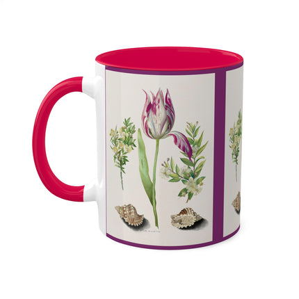 Tulip, Branches of Myrtle and Shells by Maria Sibylla Merian Colorful Mugs, 11oz