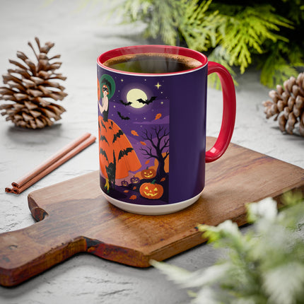 🎃🌕 The Pumpkin Moon Enchantress Colorful Mug – Elegant Halloween Masquerade
