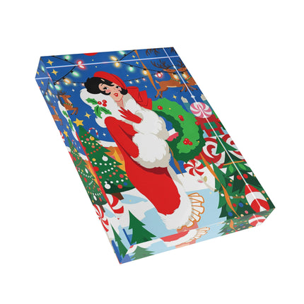 🦌🍬 The Lady Of The Peppermint Christmas Garden Acrylic Art Block – Colorful Art Deco Holiday Fantasy